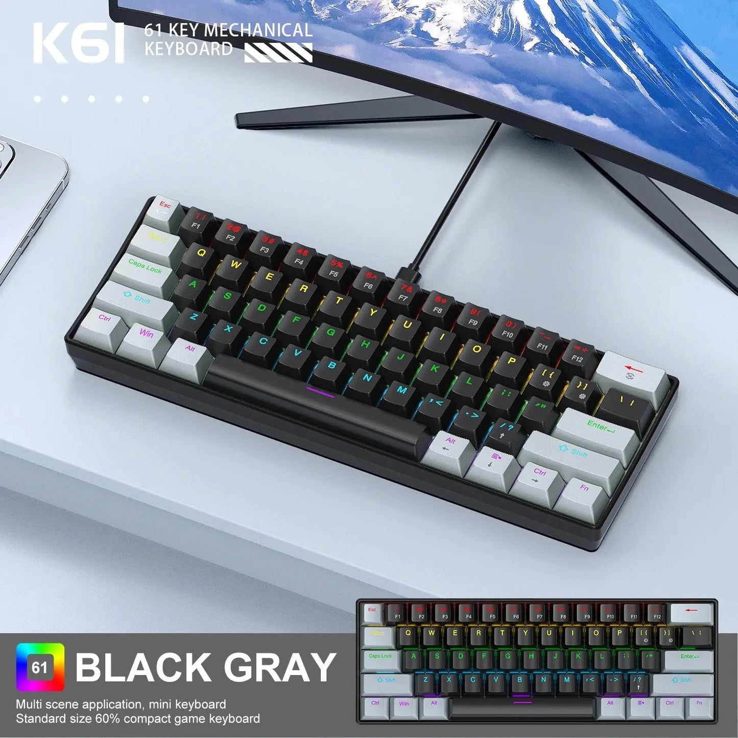 APAYADO K61 Mini Mechanical Keyboard,Wired,61 Keys,Phantom RGB,RGB Backlit Keyboard, Led Backlit Keyboard, Black/White Red/Blue Mechanical Switch for Gaming,60% Portable, Mechanical Game Keyboard