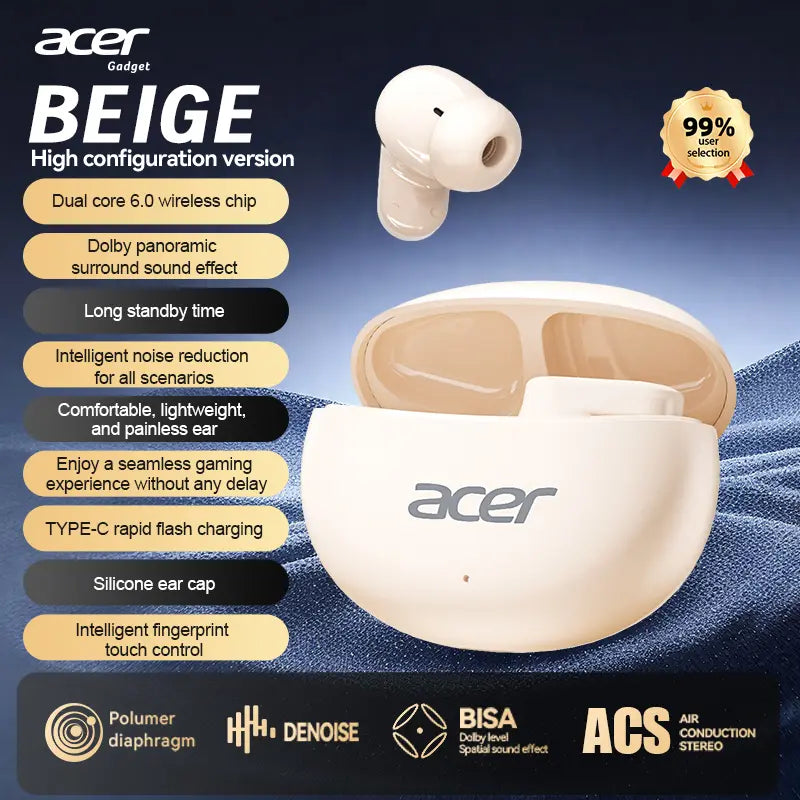 Acer Wireless Earbuds with Intelligent Noise Reduction, ACS Panoramic Sound, Light Comfortable Silicone Earplugs, Super Long Standby In-Ear Headphones
