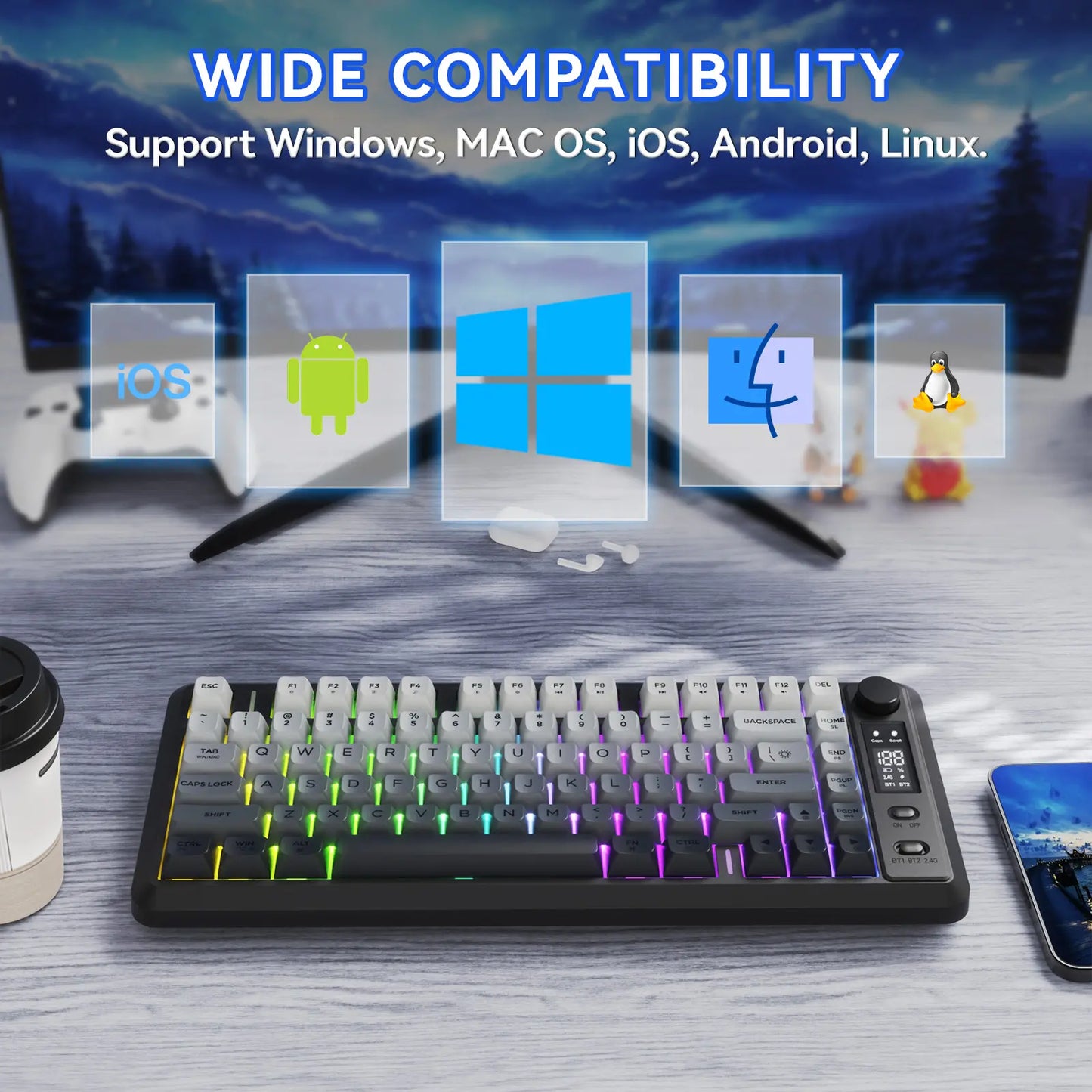 Wireless Gaming Keyboard, RGB Backlit Rechargeable 2000Mah Battery, Small Membrane but Mechanical Feel Keyboard with Smart Display & Knob, PBT Gradient Keycaps for PC, MAC Qwerty Keyboard, Keyboard for Gaming, Bluetooth Keyboards