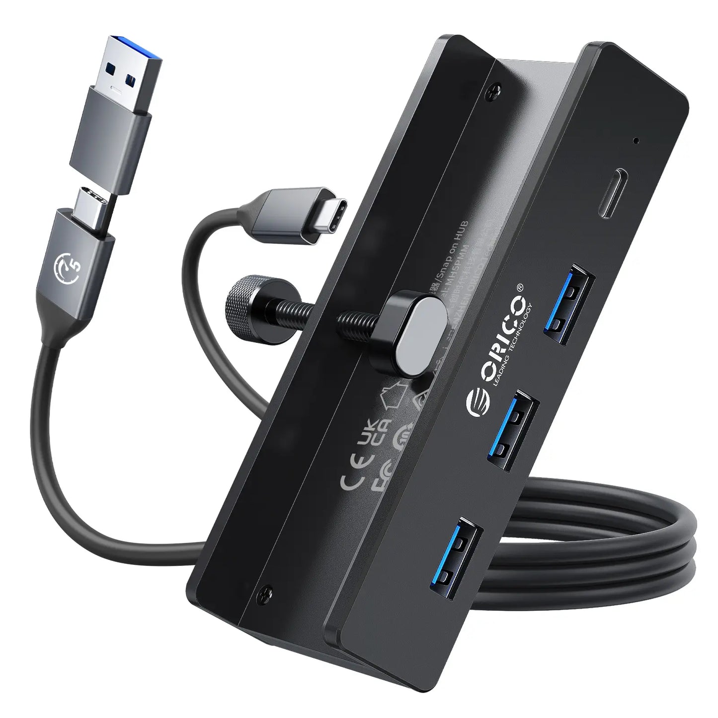ORICO USB 3.0 Hub, Clamp USB Hub, Aluminum 4-Port USB Splitter with Extra Power Supply Port and 4.92 FT USB Data Cable, Desktop Powered USB Hub with 3 USB-A Data Ports, USB-C Port for Monitors/Desks-Mh4Pc