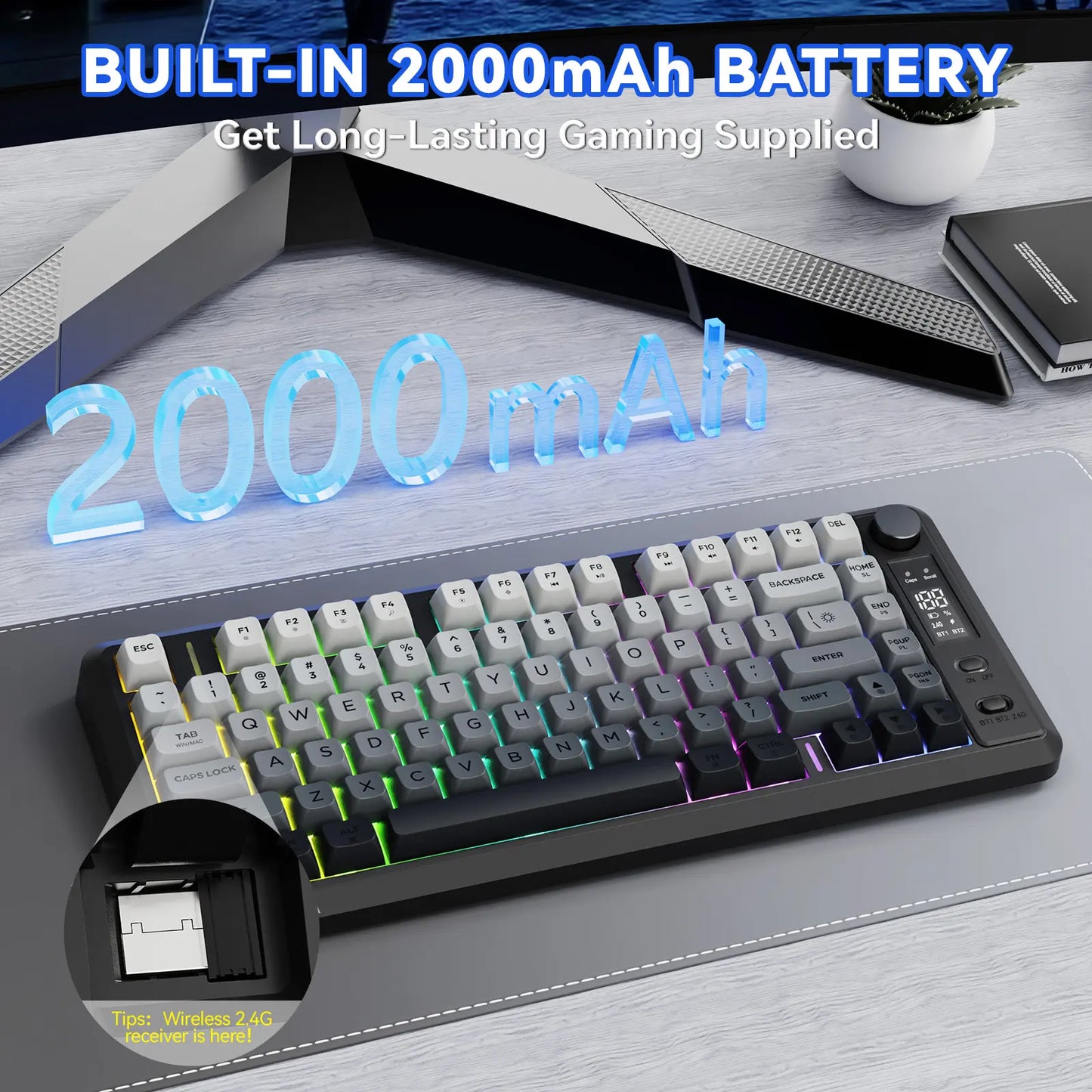 Wireless Gaming Keyboard, RGB Backlit Rechargeable 2000Mah Battery, Small Membrane but Mechanical Feel Keyboard with Smart Display & Knob, PBT Gradient Keycaps for PC, MAC Qwerty Keyboard, Keyboard for Gaming, Bluetooth Keyboards