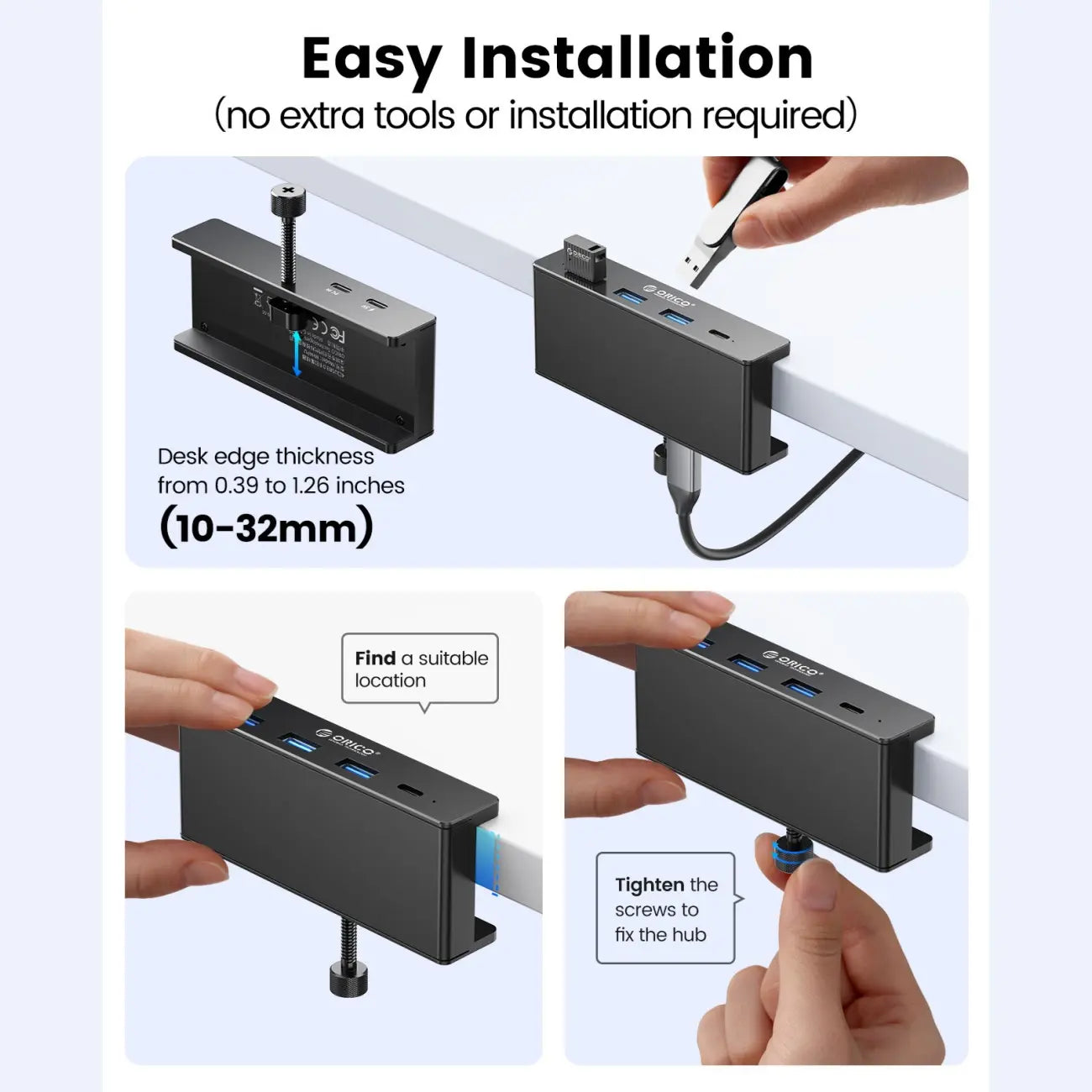 ORICO USB 3.0 Hub, Clamp USB Hub, Aluminum 4-Port USB Splitter with Extra Power Supply Port and 4.92 FT USB Data Cable, Desktop Powered USB Hub with 3 USB-A Data Ports, USB-C Port for Monitors/Desks-Mh4Pc