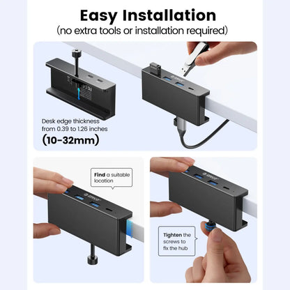 ORICO USB 3.0 Hub, Clamp USB Hub, Aluminum 4-Port USB Splitter with Extra Power Supply Port and 4.92 FT USB Data Cable, Desktop Powered USB Hub with 3 USB-A Data Ports, USB-C Port for Monitors/Desks-Mh4Pc