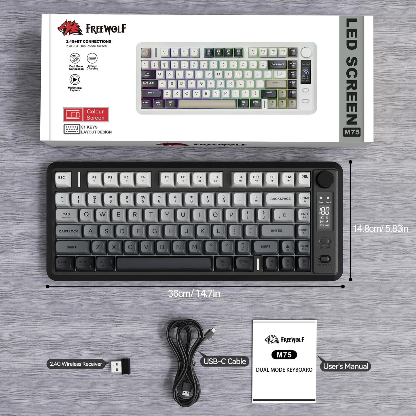 Wireless Gaming Keyboard, RGB Backlit Rechargeable 2000Mah Battery, Small Membrane but Mechanical Feel Keyboard with Smart Display & Knob, PBT Gradient Keycaps for PC, MAC Qwerty Keyboard, Keyboard for Gaming, Bluetooth Keyboards