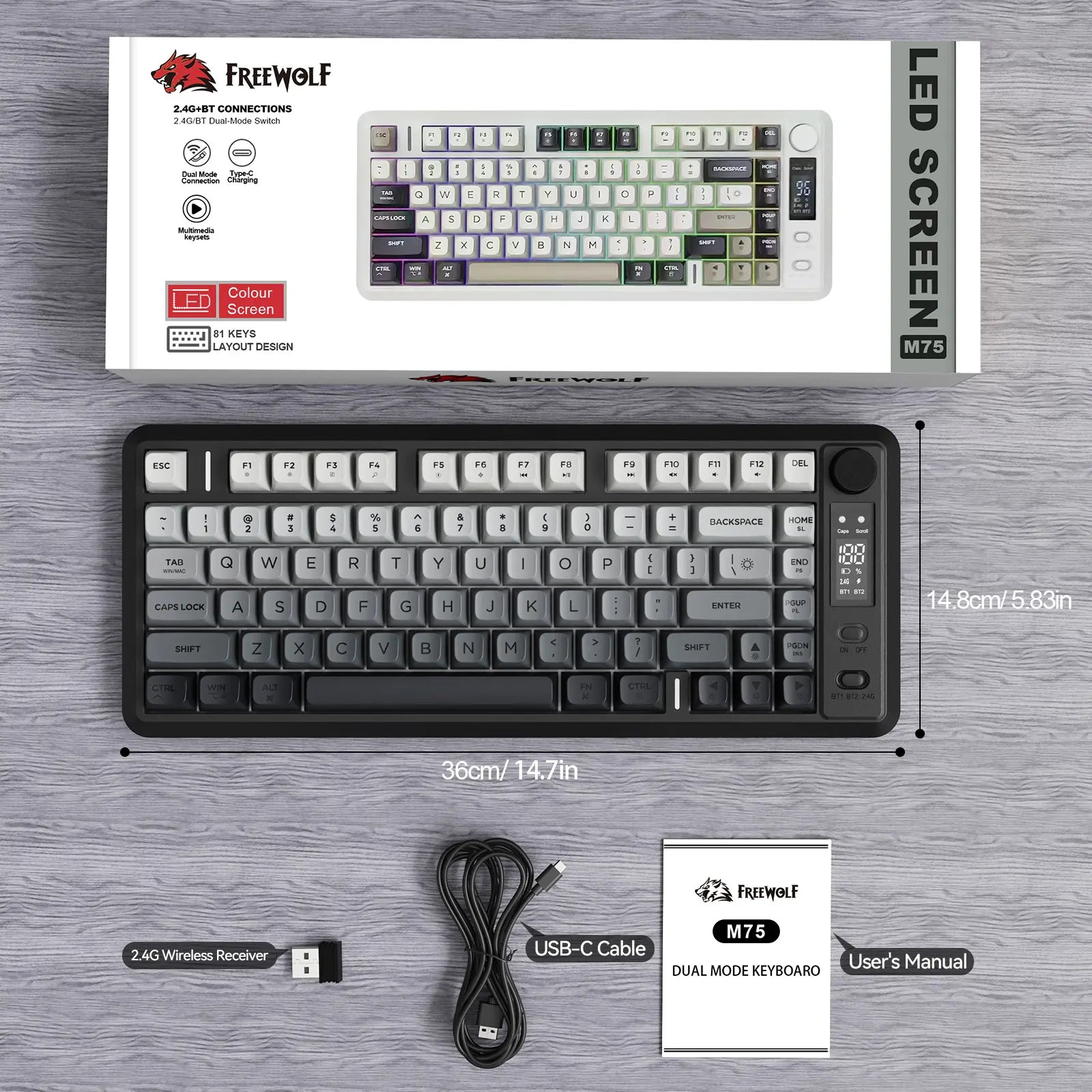 Wireless Gaming Keyboard, RGB Backlit Rechargeable 2000Mah Battery, Small Membrane but Mechanical Feel Keyboard with Smart Display & Knob, PBT Gradient Keycaps for PC, MAC Qwerty Keyboard, Keyboard for Gaming, Bluetooth Keyboards