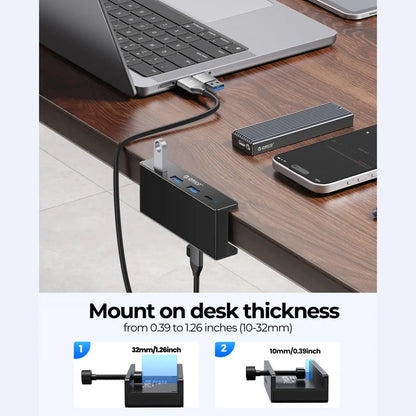 ORICO USB 3.0 Hub, Clamp USB Hub, Aluminum 4-Port USB Splitter with Extra Power Supply Port and 4.92 FT USB Data Cable, Desktop Powered USB Hub with 3 USB-A Data Ports, USB-C Port for Monitors/Desks-Mh4Pc