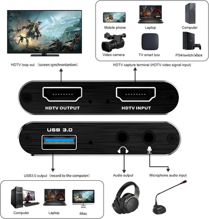 Capture Card, Audio Video Capture Card with Microphone 4K HDMI Loop-Out, Video Recorder for Gaming/Live Streaming/Video Switch/Ps4/Obs/Camera/Pc Accessories Conference