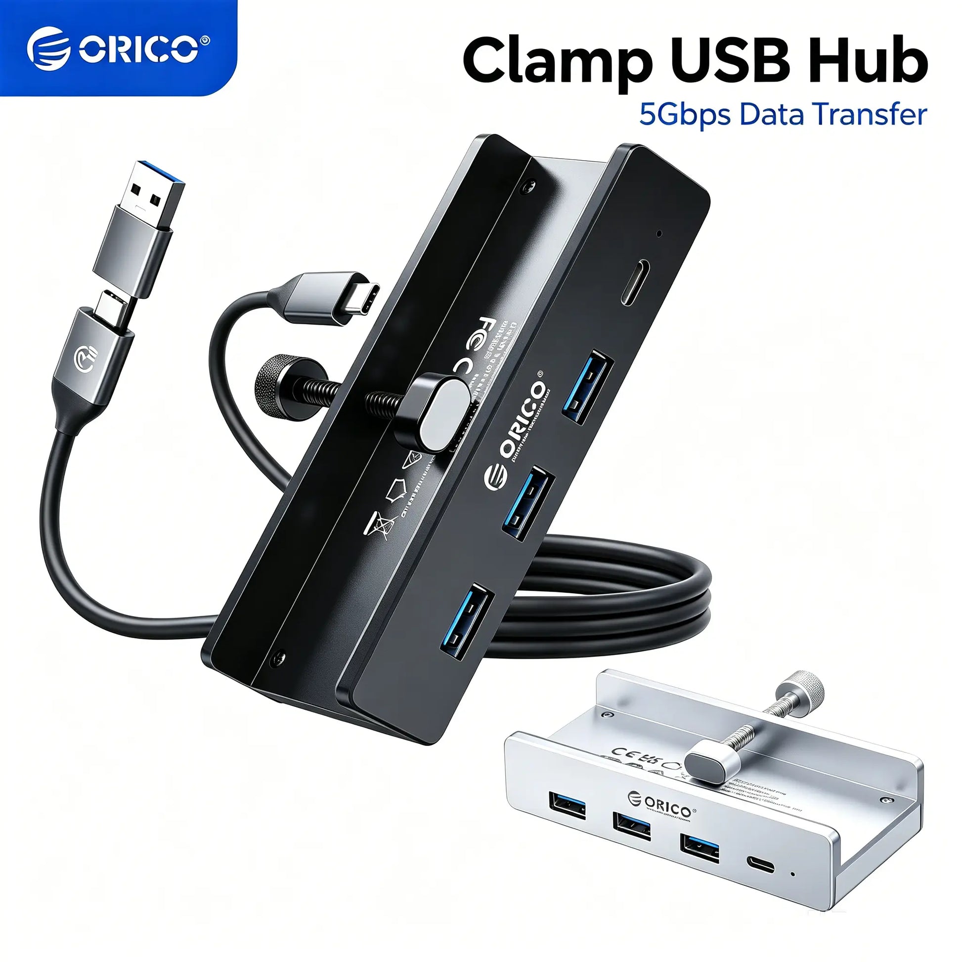 ORICO USB 3.0 Hub, Clamp USB Hub, Aluminum 4-Port USB Splitter with Extra Power Supply Port and 4.92 FT USB Data Cable, Desktop Powered USB Hub with 3 USB-A Data Ports, USB-C Port for Monitors/Desks-Mh4Pc