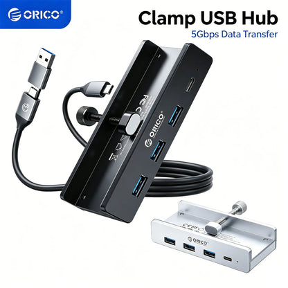 ORICO USB 3.0 Hub, Clamp USB Hub, Aluminum 4-Port USB Splitter with Extra Power Supply Port and 4.92 FT USB Data Cable, Desktop Powered USB Hub with 3 USB-A Data Ports, USB-C Port for Monitors/Desks-Mh4Pc