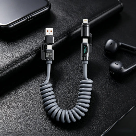 240W 4-In-1 Coiled Charging Cable, LED Display Fast Charge USB C Cable, Retractable Spring Cord for Iphone, Ipad, Cellphone, Laptops