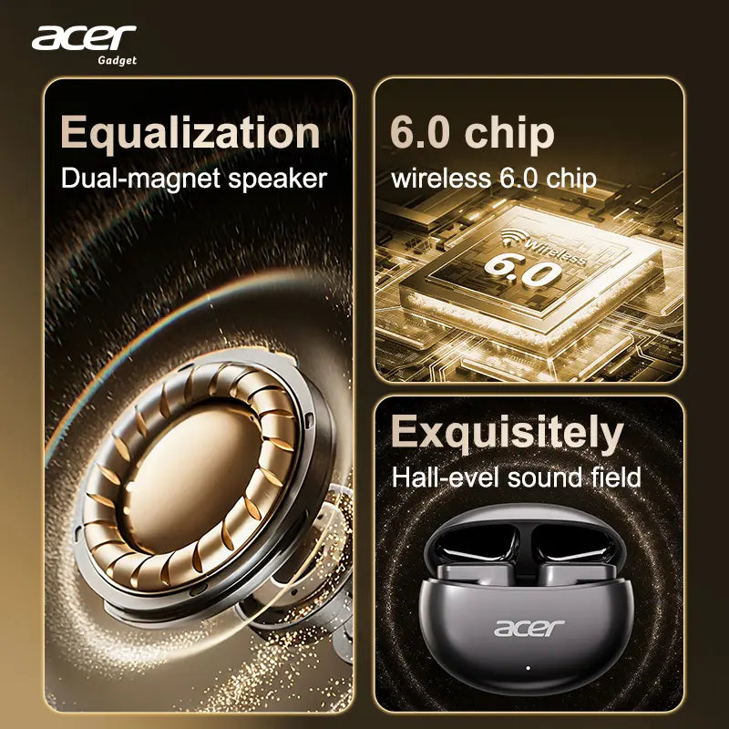 Acer Wireless Earbuds with Intelligent Noise Reduction, ACS Panoramic Sound, Light Comfortable Silicone Earplugs, Super Long Standby In-Ear Headphones
