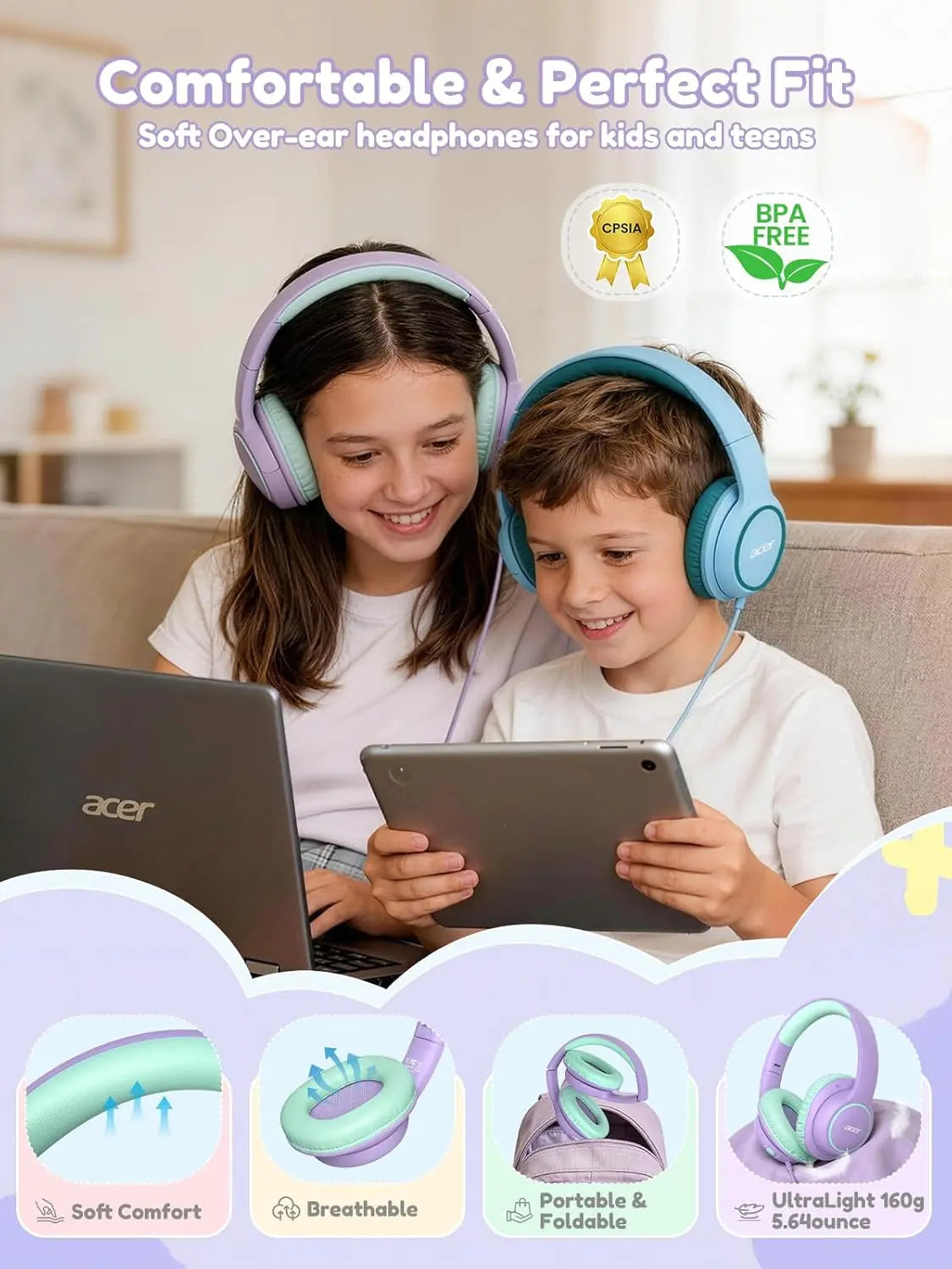 Acer Kids Bluetooth Headphones, over Ear Headphone for Kids with Mic, 75H Playtime, 85Dba Safe Volume, Bluetooth 6.0, USB C Fast Charging, Toddler Headphones for Ipad/Tablet/Travel/School
