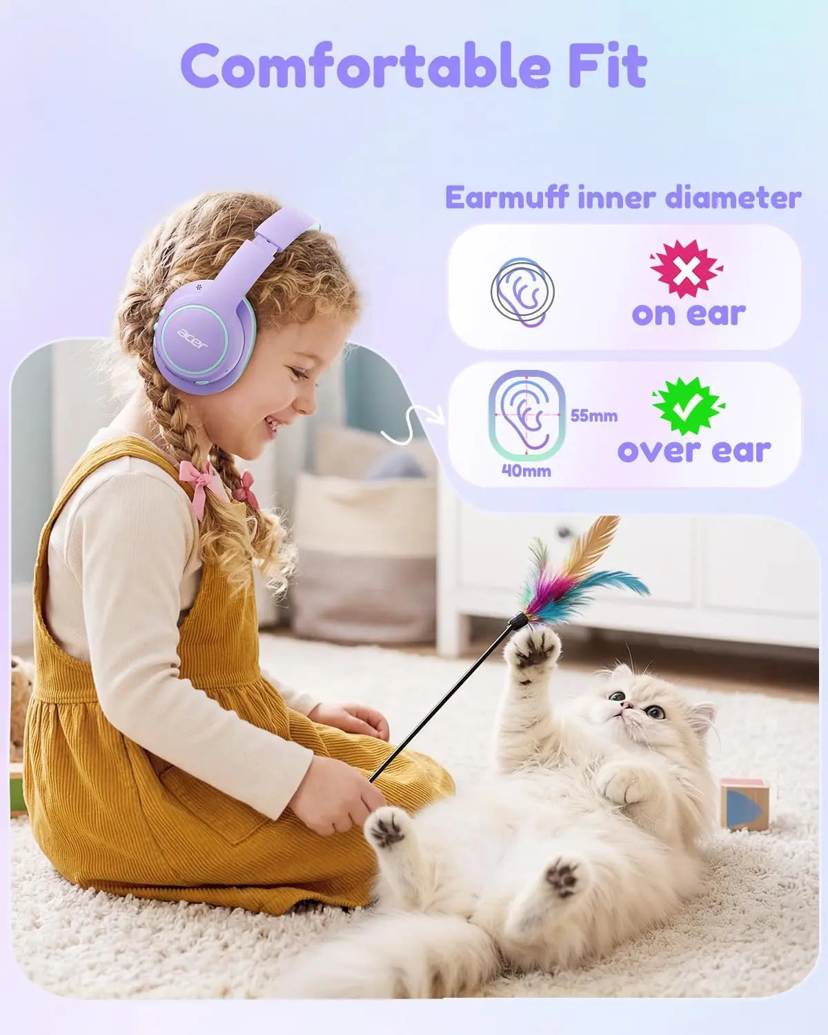Acer Kids Bluetooth Headphones, over Ear Headphone for Kids with Mic, 75H Playtime, 85Dba Safe Volume, Bluetooth 6.0, USB C Fast Charging, Toddler Headphones for Ipad/Tablet/Travel/School