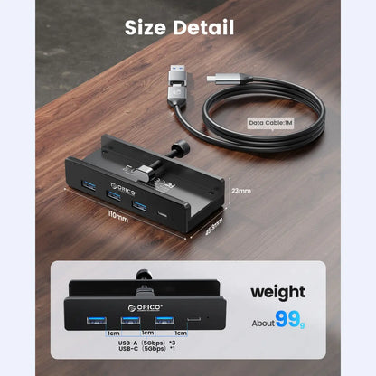 ORICO USB 3.0 Hub, Clamp USB Hub, Aluminum 4-Port USB Splitter with Extra Power Supply Port and 4.92 FT USB Data Cable, Desktop Powered USB Hub with 3 USB-A Data Ports, USB-C Port for Monitors/Desks-Mh4Pc