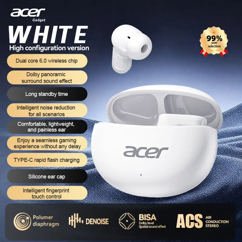 Acer Wireless Earbuds with Intelligent Noise Reduction, ACS Panoramic Sound, Light Comfortable Silicone Earplugs, Super Long Standby In-Ear Headphones