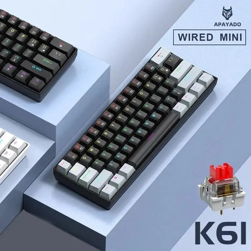 APAYADO K61 Mini Mechanical Keyboard,Wired,61 Keys,Phantom RGB,RGB Backlit Keyboard, Led Backlit Keyboard, Black/White Red/Blue Mechanical Switch for Gaming,60% Portable, Mechanical Game Keyboard
