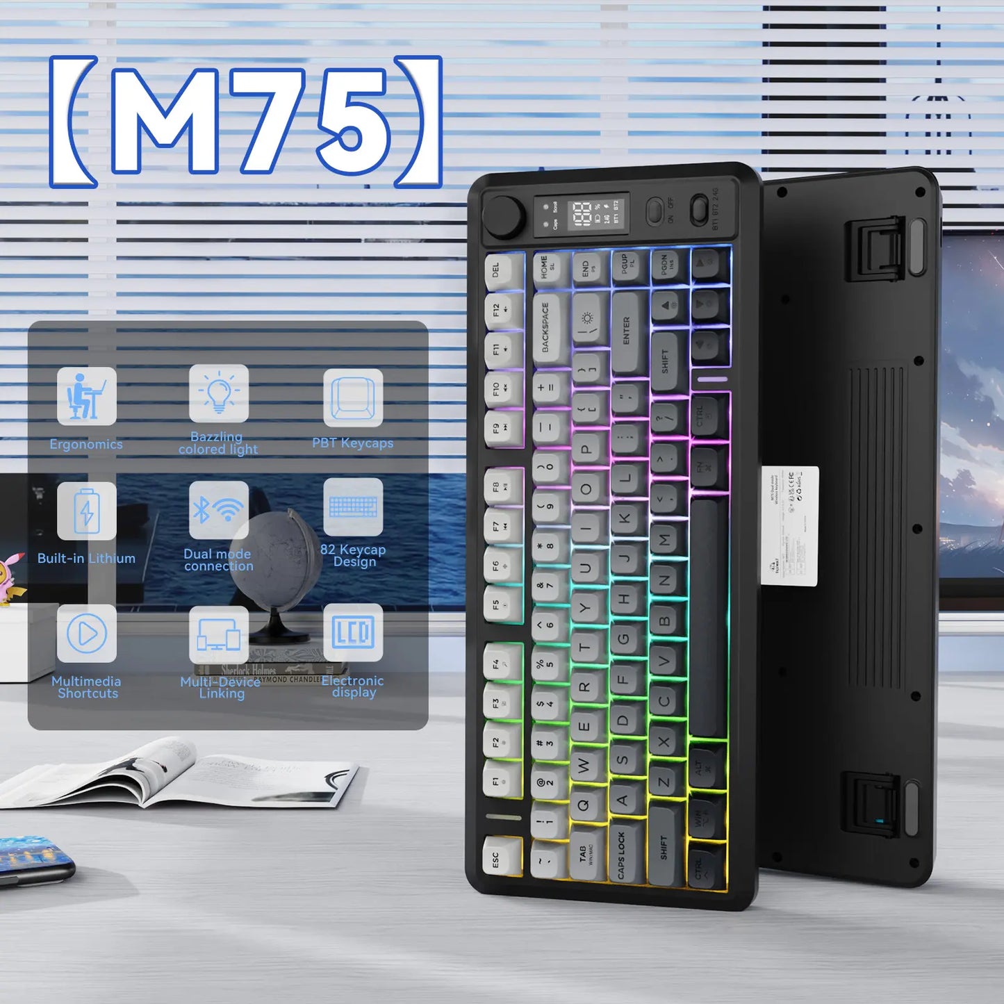 Wireless Gaming Keyboard, RGB Backlit Rechargeable 2000Mah Battery, Small Membrane but Mechanical Feel Keyboard with Smart Display & Knob, PBT Gradient Keycaps for PC, MAC Qwerty Keyboard, Keyboard for Gaming, Bluetooth Keyboards