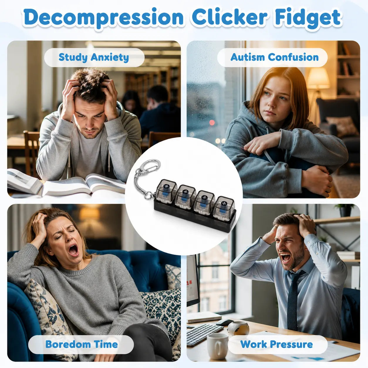 LED Tactile Keyboard Keychain, EDC Fingertip Clicker Stress Relief Keychain, Portable Keychain Light and Fun For Adults and Kids