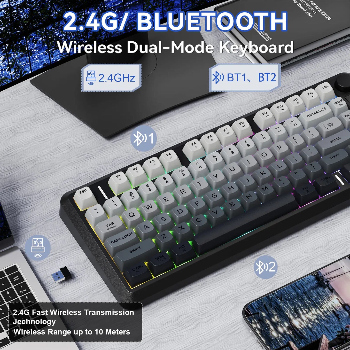 Wireless Gaming Keyboard, RGB Backlit Rechargeable 2000Mah Battery, Small Membrane but Mechanical Feel Keyboard with Smart Display & Knob, PBT Gradient Keycaps for PC, MAC Qwerty Keyboard, Keyboard for Gaming, Bluetooth Keyboards
