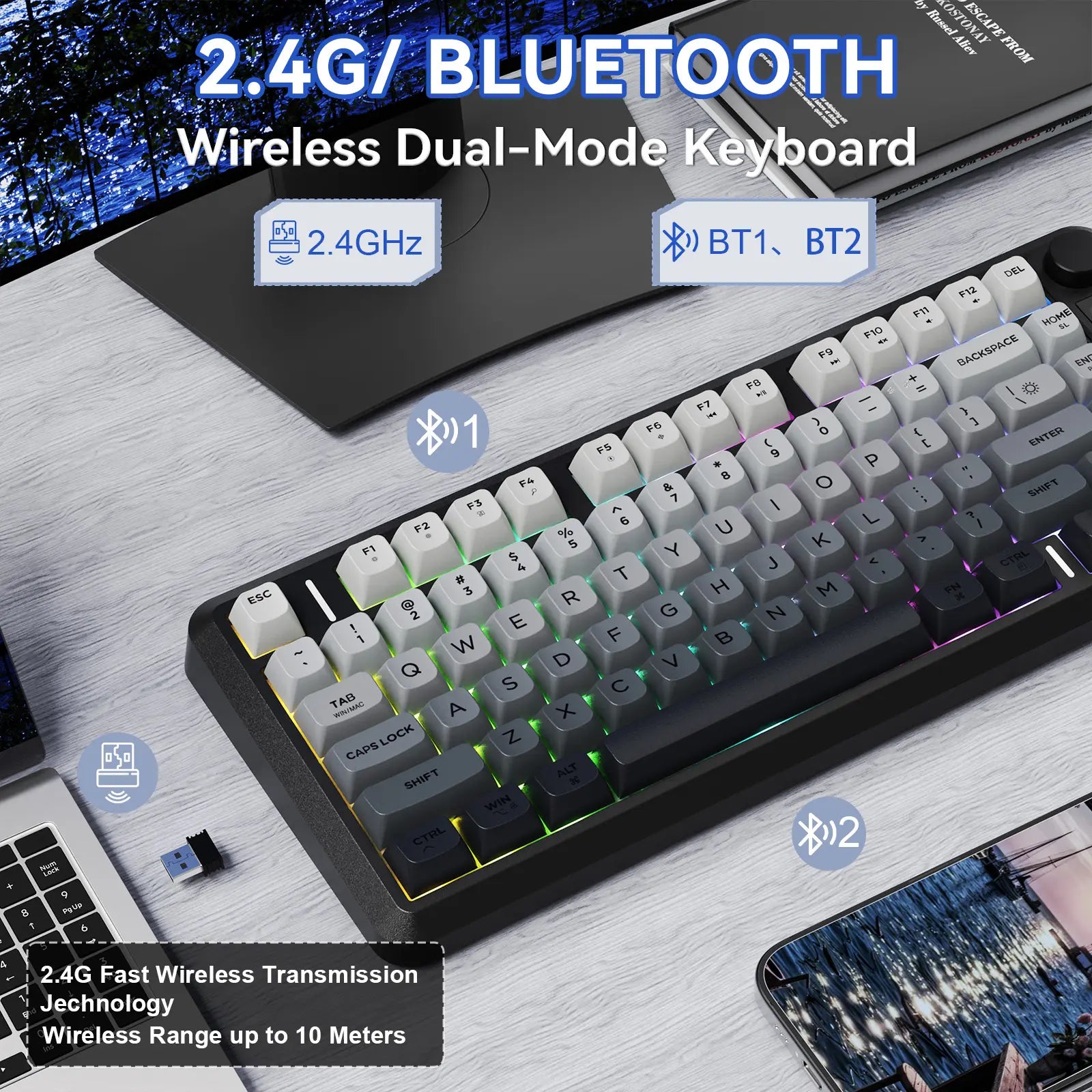 Wireless Gaming Keyboard, RGB Backlit Rechargeable 2000Mah Battery, Small Membrane but Mechanical Feel Keyboard with Smart Display & Knob, PBT Gradient Keycaps for PC, MAC Qwerty Keyboard, Keyboard for Gaming, Bluetooth Keyboards