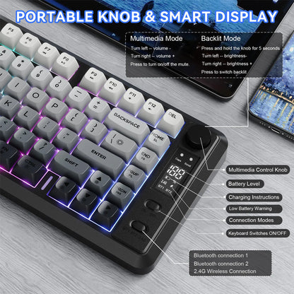 Wireless Gaming Keyboard, RGB Backlit Rechargeable 2000Mah Battery, Small Membrane but Mechanical Feel Keyboard with Smart Display & Knob, PBT Gradient Keycaps for PC, MAC Qwerty Keyboard, Keyboard for Gaming, Bluetooth Keyboards