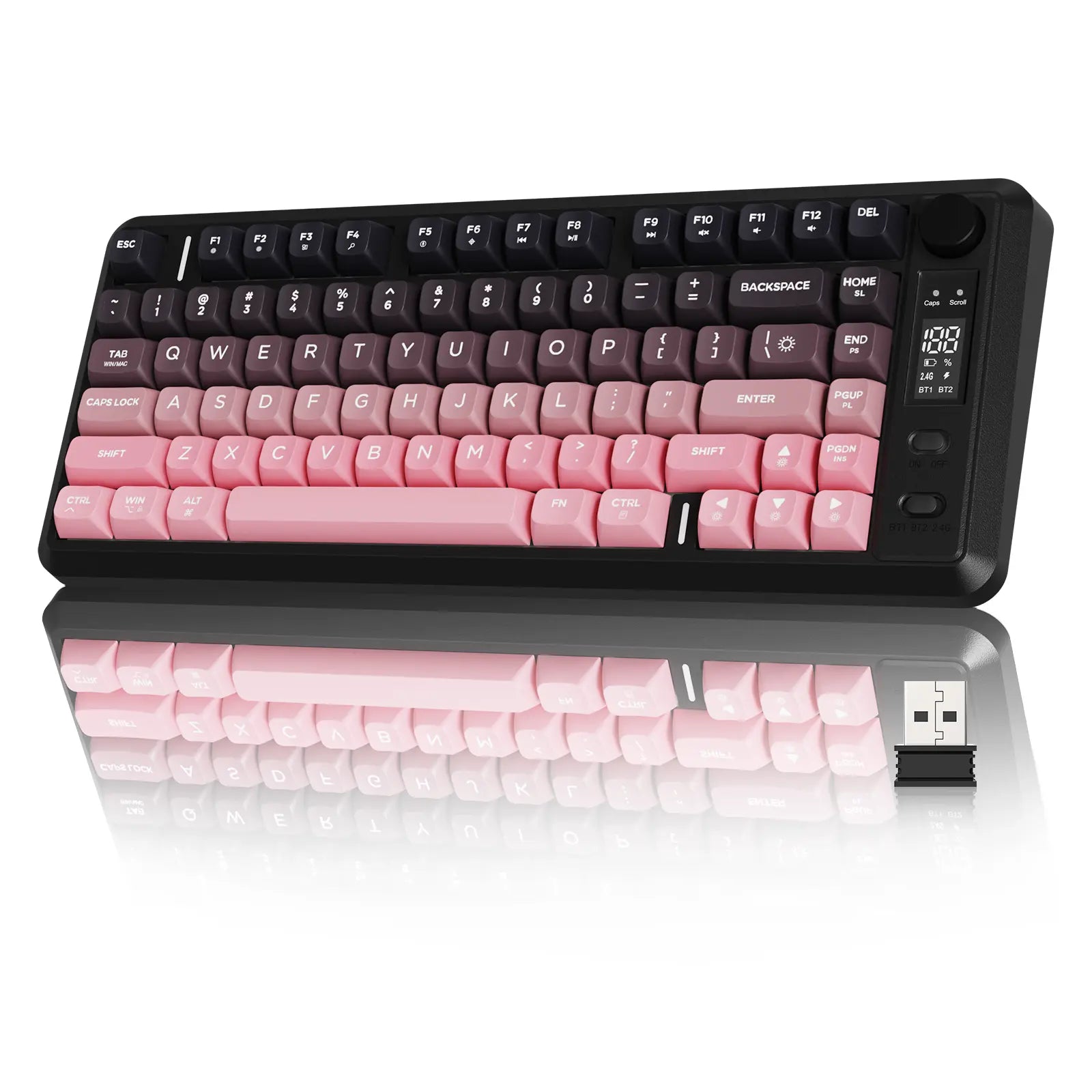 Wireless Gaming Keyboard, RGB Backlit Rechargeable 2000Mah Battery, Small Membrane but Mechanical Feel Keyboard with Smart Display & Knob, PBT Gradient Keycaps for PC, MAC Qwerty Keyboard, Keyboard for Gaming, Bluetooth Keyboards