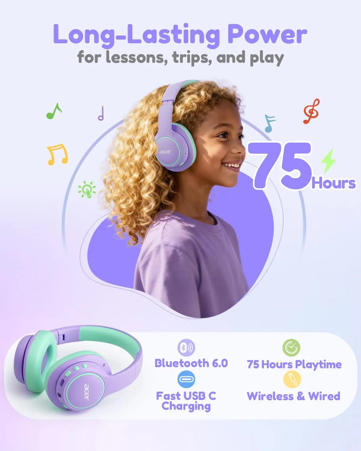 Acer Kids Bluetooth Headphones, over Ear Headphone for Kids with Mic, 75H Playtime, 85Dba Safe Volume, Bluetooth 6.0, USB C Fast Charging, Toddler Headphones for Ipad/Tablet/Travel/School