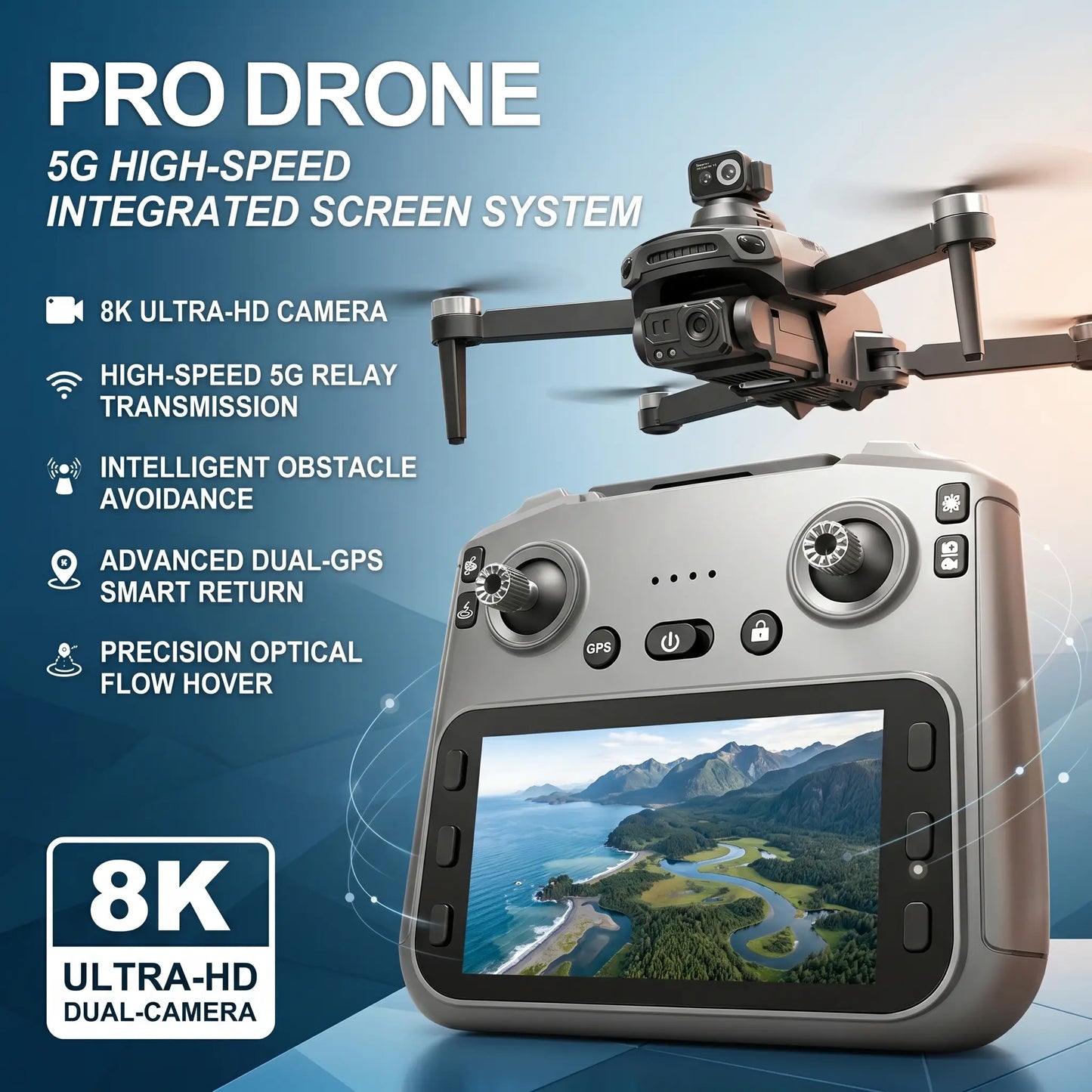 Professional 8K GPS Drone: 3-Way AI Obstacle Avoidance, Foldable Quadcopter with Upgraded Screen, Brushless Motor & 50 Mins Long Endurance